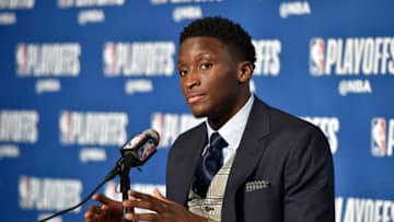 CLEVELAND, OH - APRIL 25: Victor Oladipo #4 of the Indiana Pacers speaks with the media during a press conference after the game against the Cleveland Cavaliers in Game Five of Round One of the 2018 NBA Playoffs between the Indiana Pacers and Cleveland Cavaliers on April 25, 2018 at Quicken Loans Arena in Cleveland, Ohio. NOTE TO USER: User expressly acknowledges and agrees that, by downloading and/or using this Photograph, user is consenting to the terms and conditions of the Getty Images License Agreement. Mandatory Copyright Notice: Copyright 2018 NBAE (Photo by David Liam Kyle/NBAE via Getty Images)