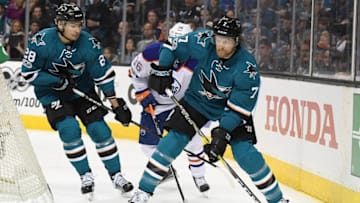 SAN JOSE, CA - APRIL 16: Paul Martin #7 of the San Jose Sharks skates with control of the puck against the Edmonton Oilers during the first period in Game Three of the Western Conference First Round during the 2017 NHL Stanley Cup Playoffs at SAP Center on April 16, 2017 in San Jose, California. The Oilers won the game 1-0. (Photo by Thearon W. Henderson/Getty Images)