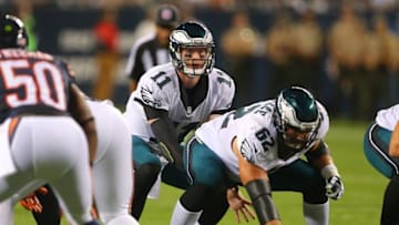 Sep 19, 2016; Chicago, IL, USA; Philadelphia Eagles quarterback Carson Wentz (11) calls a play during the first quarter against the Chicago Bears at Soldier Field. Mandatory Credit: Dennis Wierzbicki-USA TODAY Sports
