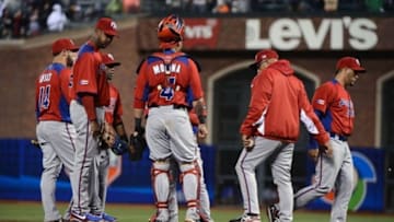 March 19, 2013; San Francisco, CA, USA; Puerto Rico pitcher Hiram Burgos (54) is relieved during the World Baseball Classic championship against Dominican Republic at AT&T Park. Mandatory Credit: Kyle Terada-USA TODAY Sports