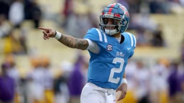 BATON ROUGE, LOUISIANA - DECEMBER 19: Matt Corral #2 of the Mississippi Rebels reacts after completing a pass during a game against the LSU Tigers at Tiger Stadium on December 19, 2020 in Baton Rouge, Louisiana. (Photo by Sean Gardner/Getty Images)