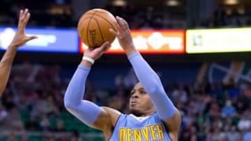 Feb 3, 2016; Salt Lake City, UT, USA; Denver Nuggets guard Randy Foye (4) shoots the ball during the first half against the Utah Jazz at Vivint Smart Home Arena. Mandatory Credit: Russ Isabella-USA TODAY Sports