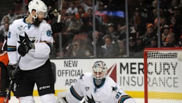 February 2, 2016; Anaheim, CA, USA; San Jose Sharks defenseman Brent Burns (88) watches as goalie Martin Jones (31) allows a goal scored by Anaheim Ducks center Ryan Garbutt (not pictured) during the second period at Honda Center. Mandatory Credit: Gary A. Vasquez-USA TODAY Sports