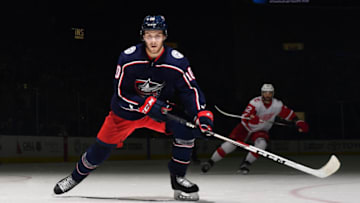 COLUMBUS, OH - APRIL 3: Alexander Wennberg #10 of the Columbus Blue Jackets skates against the Detroit Red Wings on April 3, 2018 at Nationwide Arena in Columbus, Ohio. (Photo by Jamie Sabau/NHLI via Getty Images) *** Local Caption *** Alexander Wennberg
