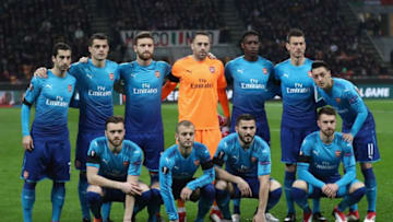 MILAN, ITALY - MARCH 08: Arsenal pose for a team photograph before the UEFA Europa League Round of 16 match between AC Milan and Arsenal at the San Siro on March 8, 2018 in Milan, Italy. (Photo by Catherine Ivill/Getty Images)