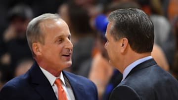 Jan 6, 2018; Knoxville, TN, USA; Tennessee Volunteers head coach Rick Barnes and Kentucky Wildcats head coach John Calipari before the game at Thompson-Boling Arena. Mandatory Credit: Randy Sartin-USA TODAY Sports