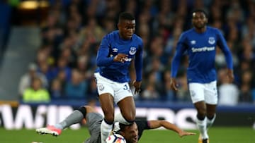LIVERPOOL, ENGLAND - AUGUST 17: Ademola Lookman of Everton competes with Hysen Memolla of Hajduk Split during the UEFA Europa League Qualifying Play-Offs round first leg match between Everton FC and Hajduk Split at Goodison Park on August 17, 2017 in Liverpool, United Kingdom. (Photo by Jan Kruger/Getty Images)