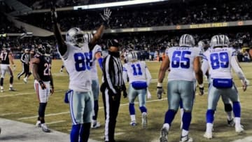 Dec 4, 2014; Chicago, IL, USA; Dallas Cowboys wide receiver Dez Bryant (88) raises his arms after Dallas Cowboys wide receiver Cole Beasley (11) scores a touchdown in the second half of their game against the Chicago Bears at Soldier Field . The Cowboys won 41-28. Mandatory Credit: Matt Marton-USA TODAY Sports