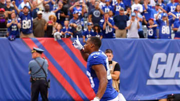 Sep 18, 2016; East Rutherford, NJ, USA; New York Giants wide receiver Victor Cruz (80) runs off the field after the Giants defeated the Saints 16-13 at MetLife Stadium. Mandatory Credit: Ed Mulholland-USA TODAY Sports