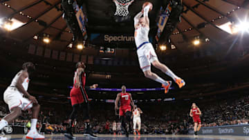 NEW YORK, NY - JANUARY 27: Mario Hezonja #8 of the New York Knicks dunks against the Miami Heat on January 27, 2019 at Madison Square Garden in New York City, New York. NOTE TO USER: User expressly acknowledges and agrees that, by downloading and or using this photograph, User is consenting to the terms and conditions of the Getty Images License Agreement. Mandatory Copyright Notice: Copyright 2019 NBAE (Photo by Nathaniel S. Butler/NBAE via Getty Images)