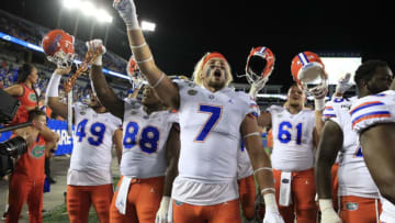 LEXINGTON, KENTUCKY - SEPTEMBER 14: Lucas Krull #7 of the Florida Gators celebrates after the 29- 21 win against the Kentucky Wildcats at Commonwealth Stadium on September 14, 2019 in Lexington, Kentucky. (Photo by Andy Lyons/Getty Images)