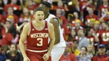 Feb 13, 2016; College Park, MD, USA; Wisconsin Badgers guard Zak Showalter (3) reacts after making a three point shot during the second half against the Maryland Terrapins at Xfinity Center. Wisconsin Badgers defeated Maryland Terrapins 70-57. Mandatory Credit: Tommy Gilligan-USA TODAY Sports