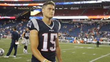 Aug 18, 2016; Foxborough, MA, USA; New England Patriots wide receiver Chris Hogan (15) heads off the field after the game against the Chicago Bears at Gillette Stadium. The Patriots defeated the Bears 23-22. Mandatory Credit: David Butler II-USA TODAY Sports
