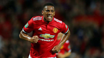 MANCHESTER, ENGLAND - SEPTEMBER 20: Anthony Martial of Manchester United celebrates scoring his sides fourth goal during the Carabao Cup Third Round match between Manchester United and Burton Albion at Old Trafford on September 20, 2017 in Manchester, England. (Photo by Richard Heathcote/Getty Images)