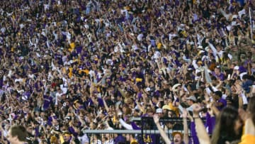 Nov 5, 2022; Baton Rouge, Louisiana, USA; LSU Tigers fans react to a touchdown against the Alabama Crimson Tide during the second half at Tiger Stadium. Mandatory Credit: Stephen Lew-USA TODAY Sports
