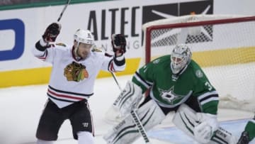 Feb 6, 2016; Dallas, TX, USA; Chicago Blackhawks center Artem Anisimov (15) celebrates a goal by center Jonathan Toews (not pictured ) against the Dallas Stars during the first period at the American Airlines Center. Mandatory Credit: Jerome Miron-USA TODAY Sports