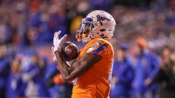 BOISE, ID - OCTOBER 12: Wide receiver John Hightower #16 of the Boise State Broncos catches a touch down during first half action against the Hawai'i Rainbow Warriors on October 12, 2019 at Albertsons Stadium in Boise, Idaho. (Photo by Loren Orr/Getty Images)