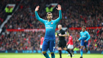 MANCHESTER, ENGLAND - APRIL 29: Henrikh Mkhitaryan of Arsenal celebrates after scoring his sides first goal during the Premier League match between Manchester United and Arsenal at Old Trafford on April 29, 2018 in Manchester, England. (Photo by Clive Brunskill/Getty Images)