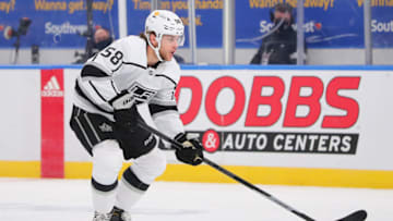 ST LOUIS, MO - JANUARY 24: Kale Clague #58 of the Los Angeles Kings skates against the St. Louis Blues at Enterprise Center on January 24, 2021 in St Louis, Missouri. (Photo by Dilip Vishwanat/Getty Images)