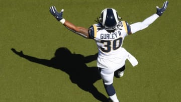 LOS ANGELES, CA - SEPTEMBER 16: Running back Todd Gurley #30 of the Los Angeles Rams enters the field for the game against the Arizona Cardinals at Los Angeles Memorial Coliseum on September 16, 2018 in Los Angeles, California. (Photo by Harry How/Getty Images)