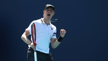 MIAMI GARDENS, FLORIDA - MARCH 23: Denis Shapovalov of Canada celebrates against Dan Evans of Great Britain during the Miami Open Tennis on March 23, 2019 in Miami Gardens, Florida. (Photo by Julian Finney/Getty Images)