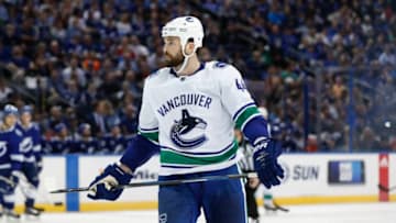 TAMPA, FL - FEBRUARY 08: Vancouver Canucks defenseman Erik Gudbranson (44) skates in the second period of the NHL game between the Vancouver Canucks and Tampa Bay Lightning on February 08, 2018 at Amalie Arena in Tampa, FL. (Photo by Mark LoMoglio/Icon Sportswire via Getty Images)