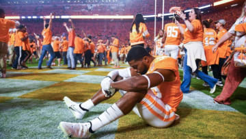 Tennessee linebacker Solon Page III (38) soaks in the moment after Tennessee's 52-49 win over Alabama in Neyland Stadium, on Saturday, Oct. 15, 2022.Tennesseevsalabama1015 5501 1