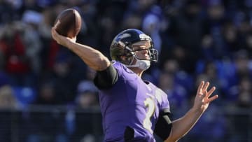 Dec 20, 2015; Baltimore, MD, USA; Baltimore Ravens quarterback Jimmy Clausen (2) throws during the first quarter against the Kansas City Chiefs at M&T Bank Stadium. Mandatory Credit: Tommy Gilligan-USA TODAY Sports