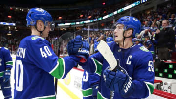 VANCOUVER, BC - OCTOBER 9: Bo Horvat #53 and Elias Pettersson #40 celebrate their win against the Los Angeles Kings during their NHL game at Rogers Arena October 9, 2019 in Vancouver, British Columbia, Canada. Vancouver won 8-2. (Photo by Jeff Vinnick/NHLI via Getty Images)