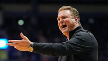 Dec 22, 2022; Lawrence, Kansas, USA; Kansas Jayhawks head coach Bill Self reacts to a call during the second half against the Harvard Crimson at Allen Fieldhouse. Mandatory Credit: Jay Biggerstaff-USA TODAY Sports