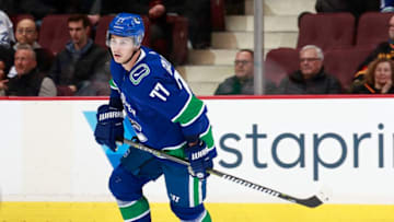 VANCOUVER, BC - FEBRUARY 23: Nikolay Goldobin #77 of the Vancouver Canucks skates up ice during their NHL game against the New York Islanders at Rogers Arena February 23, 2019 in Vancouver, British Columbia, Canada. (Photo by Jeff Vinnick/NHLI via Getty Images)"n