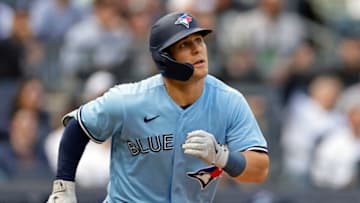 Daulton Varsho #25 of the Toronto Blue Jays in action against the New York Yankees during the sixth inning at Yankee Stadium on April 23, 2023 in the Bronx borough of New York City. (Photo by Adam Hunger/Getty Images)