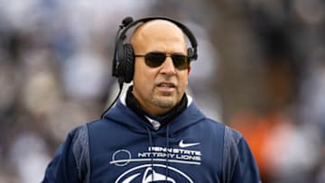 STATE COLLEGE, PA - NOVEMBER 20: Head coach James Franklin of the Penn State Nittany Lions looks on ""after a play against the Rutgers Scarlet Knights during the second half at Beaver Stadium on November 20, 2021 in State College, Pennsylvania. (Photo by Scott Taetsch/Getty Images)