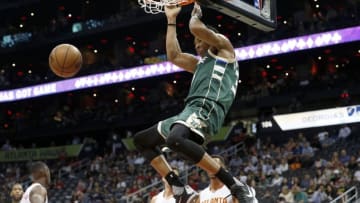 Mar 25, 2016; Atlanta, GA, USA; Milwaukee Bucks forward Giannis Antetokounmpo (34) dunks in the first quarter of their game against the Atlanta Hawks at Philips Arena. Mandatory Credit: Jason Getz-USA TODAY Sports