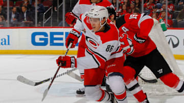 NEWARK, NJ - MARCH 27: Teuvo Teravainen #86 of the Carolina Hurricanes in action against the New Jersey Devils on March 27, 2018 at Prudential Center in Newark, New Jersey. The Devils defeated the Hurricanes 4-3. (Photo by Jim McIsaac/NHLI via Getty Images)