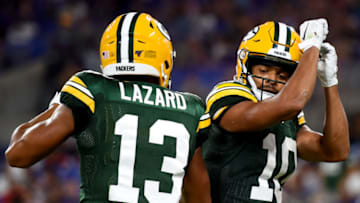 BALTIMORE, MD - AUGUST 15: Darrius Shepherd #10 of the Green Bay Packers celebrates with Allen Lazard #13 after scoring a touchdown during the second half of a preseason game against the Baltimore Ravens at M&T Bank Stadium on August 15, 2019 in Baltimore, Maryland. (Photo by Will Newton/Getty Images)