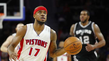 Oct 10, 2016; Auburn Hills, MI, USA; Detroit Pistons guard Lorenzo Brown (17) dribbles the ball during the second quarter against the San Antonio Spurs at The Palace of Auburn Hills. Mandatory Credit: Leon Halip-USA TODAY Sports