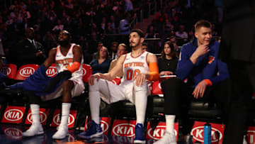NEW YORK, NY - NOVEMBER 29: Tim Hardaway Jr. #3 Enes Kanter #00 and Kristaps Porzingis #6 of the New York Knicks look on prior to the game against the Miami Heat on November 29, 2017 at Madison Square Garden in New York, New York. Copyright 2017 NBAE (Photo by Nathaniel S. Butler/NBAE via Getty Images)