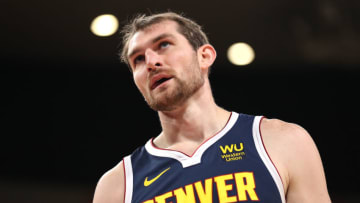 PORTLAND, OREGON - OCTOBER 08: Tyler Zeller #45 of the Denver Nuggets reacts against the Portland Trail Blazers in the first quarter during a preseason game at Veterans Memorial Coliseum on October 08, 2019 in Portland, Oregon. NOTE TO USER: User expressly acknowledges and agrees that, by downloading and or using this photograph, User is consenting to the terms and conditions of the Getty Images License Agreement (Photo by Abbie Parr/Getty Images)