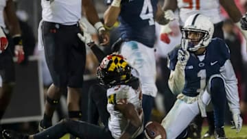 STATE COLLEGE, PA - NOVEMBER 24: KJ Hamler #1 of the Penn State Nittany Lions reacts after recording a first down against the Maryland Terrapins during the second half at Beaver Stadium on November 24, 2018 in State College, Pennsylvania. (Photo by Scott Taetsch/Getty Images)