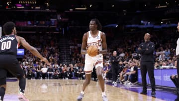 PHOENIX, ARIZONA - OCTOBER 16: Bol Bol #11 of the Phoenix Suns passes the ball during the game against the Portland Trail Blazers at Footprint Center on October 16, 2023 in Phoenix, Arizona. The Suns defeated the Trail Blazers 117-106. NOTE TO USER: User expressly acknowledges and agrees that, by downloading and or using this photograph, User is consenting to the terms and conditions of the Getty Images License Agreement. (Photo by Chris Coduto/Getty Images)