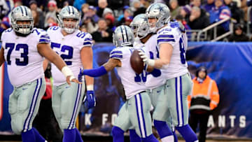 EAST RUTHERFORD, NEW JERSEY - DECEMBER 30: Blake Jarwin #89 of the Dallas Cowboys is congratulated by his teammates after his third quarter touchdown against the New York Giants at MetLife Stadium on December 30, 2018 in East Rutherford, New Jersey. (Photo by Steven Ryan/Getty Images)