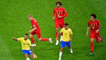KAZAN, RUSSIA - JULY 6 : Neymar forward of Brazil and Philippe Coutinho midfielder of Brazil battles for the ball with Kevin De Bruyne forward of Belgium, Marouane Fellaini midfielder of Belgium and Axel Witsel midfielder of Belgium during the FIFA 2018 World Cup Russia Quarter-final match between Brazil and Belgium at the Kazan Arena Stadium on July 06, 2018 in Kazan, Russia, 6/07/2018 ( Photo by Peter De Voecht / Photonews via Getty Images)