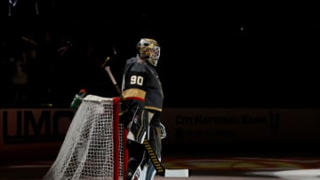 LAS VEGAS, NEVADA - OCTOBER 12: Robin Lehner #90 of the Vegas Golden Knights is introduced before a game against the Seattle Kraken during the Kraken's inaugural regular-season game at T-Mobile Arena on October 12, 2021 in Las Vegas, Nevada. The Golden Knights defeated the Kraken 4-3. (Photo by Ethan Miller/Getty Images)