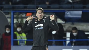 Juventus' Serbian forward Dusan Vlahovic celebrates scoring his team's third goal during the Italian Serie A football match between Empoli and Juventus at the Carlo-Castellani staduim in Empoli, on February 26, 2022. (Photo by Alberto PIZZOLI / AFP) (Photo by ALBERTO PIZZOLI/AFP via Getty Images)