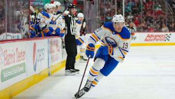 Nov 4, 2022; Raleigh, North Carolina, USA; Buffalo Sabres center Peyton Krebs (19) skates with the puck against the Carolina Hurricanes during the second period at PNC Arena. Mandatory Credit: James Guillory-USA TODAY Sports