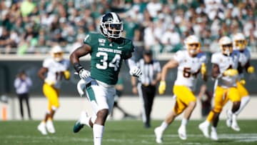 EAST LANSING, MI - SEPTEMBER 14: Antjuan Simmons #34 of the Michigan State Spartans in action on defense during a game against the Arizona State Sun Devils at Spartan Stadium on September 14, 2019 in East Lansing, Michigan. Arizona State defeated Michigan State 10-7. (Photo by Joe Robbins/Getty Images)