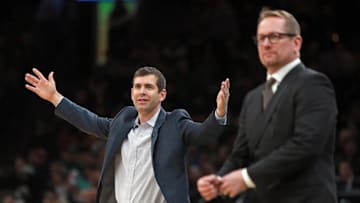 BOSTON, MA. - JANUARY 16: Boston Celtics head coach Brad Stevens reacts to a call as Toronto Raptors head coach Nick Nurse looks on during the second half of the NBA game at the TD Garden on January 16, 2019 in Boston, Massachusetts. (Staff Photo By Matt Stone/MediaNews Group/Boston Herald)