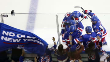 NEW YORK, NEW YORK - JUNE 01: Filip Chytil #72 of the New York Rangers celebrates with his teammates after scoring his second goal on Andrei Vasilevskiy #88 of the Tampa Bay Lightning during the second period in Game One of the Eastern Conference Final of the 2022 Stanley Cup Playoffs at Madison Square Garden on June 01, 2022 in New York City. (Photo by Sarah Stier/Getty Images)
