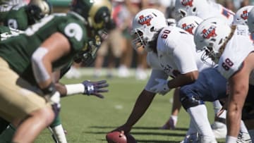 Sep 10, 2016; Fort Collins, CO, USA; UTSA Roadrunners offense lines up before the snap during a game against Colorado State Rams at Hughes Stadium. Mandatory Credit: Austin Humphreys/The Coloradoan via USA TODAY Sports